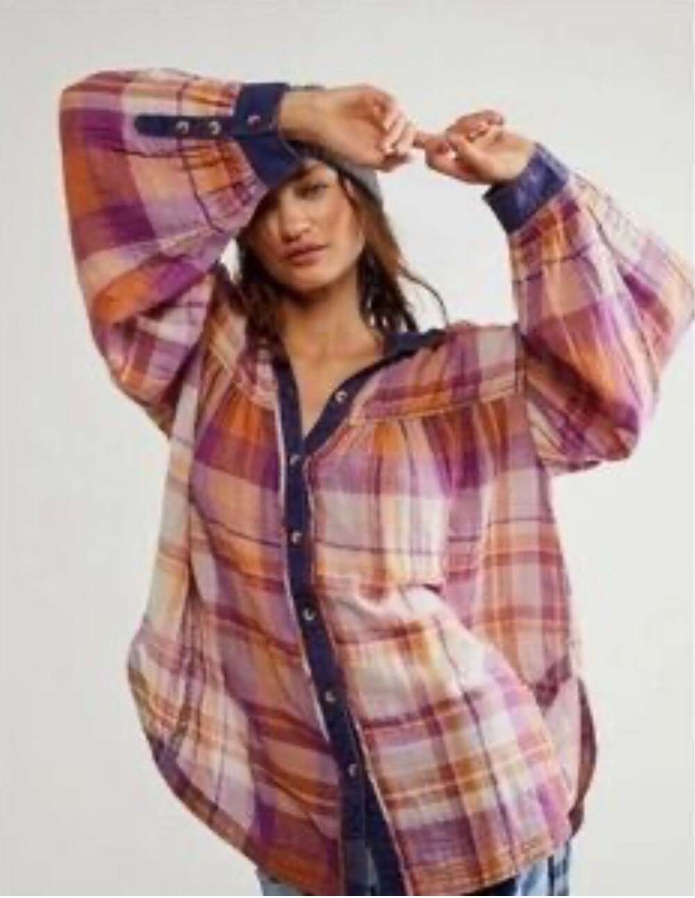 Free People We The Free Olivia Plaid Oversized Button Up Cotton Top Size Medium